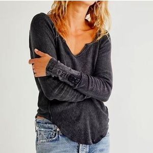 We The Free People Layer Up Ribbed Knit Tee Top Contrast Cuffs Black